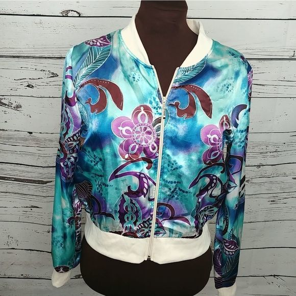 Adiva Blue Purple Floral Bomber‎ Jacket - Picture 1 of 8